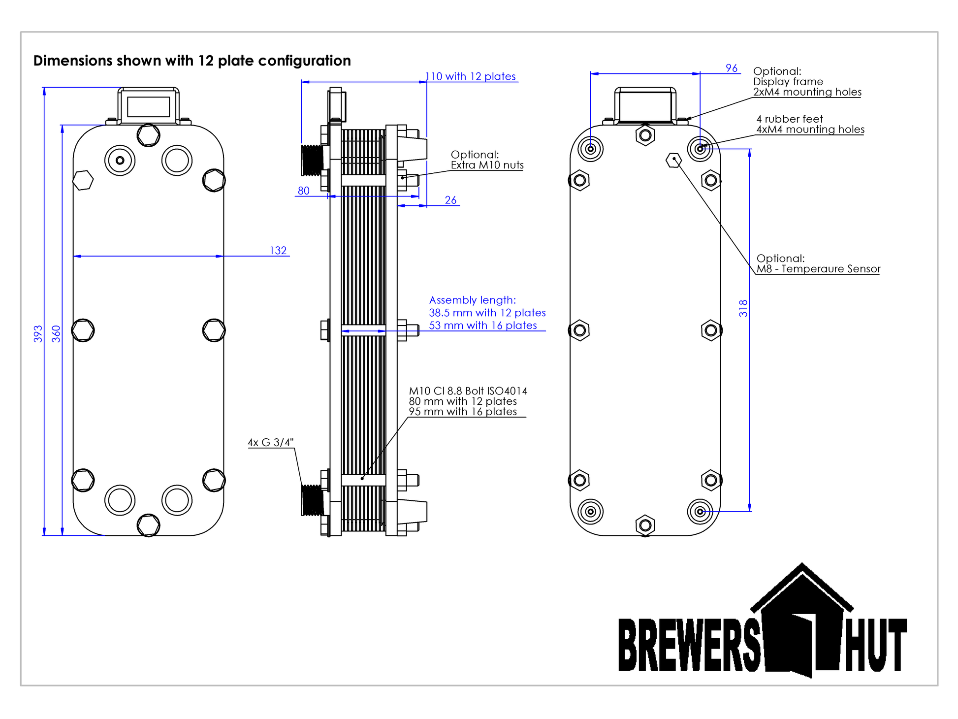 Adskillelig pladevarmeveksler til køling af urt | integreret temperatur sensor | ølbrygning